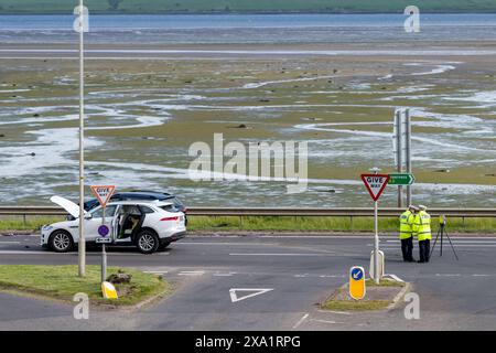 3 giugno 2024. A9 all'incrocio con la B9176, Skiach Services, Evanton, Scozia. Questa e' un'indagine sulla polizia scozzese per un incidente sul luogo di un veicolo S 2 Foto Stock