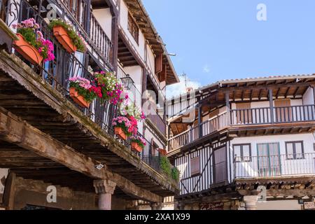 Alcuni edifici tradizionali con fiori nel balcone di la Alberca, Salamanca, Castilla y Leon, Spagna Foto Stock