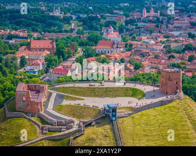 Il castello di Gediminas si trova sulla collina accanto alla piazza della cattedrale di Vilnius. Foto aerea della città vecchia di Vilnius con drone Foto Stock