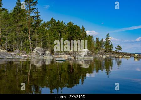 Foresta sulla riva di pietra di un lago con acque cristalline Foto Stock