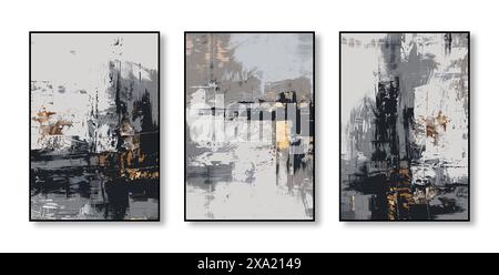 Pittura astratta ad acquerello, arte moderna elegante, trittico, fiore, texture, oro, spruzzi, piante, pittura ad olio, composizione di blocchi di colore Foto Stock