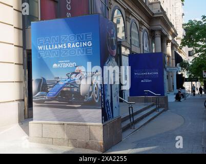 Montreal, Canada, 3 giugno 2024. Le indicazioni per la zona dei tifosi della Williams Racing sono state allestite per il festival del Grand Prix canadese nel centro di Montreal. Credito: Richard Prudhomme/alamy notizie dal vivo Foto Stock