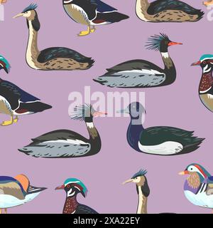 Motivo senza cuciture con uccelli acquatici, diversi tipi di anatre e grebe. Illustrazione vettoriale Illustrazione Vettoriale