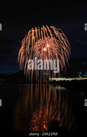 I colorati fuochi d'artificio illuminano il cielo notturno sopra un lago riflettente Foto Stock