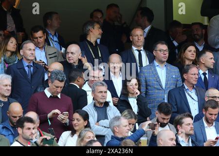 Norimberga, Germania. 3 giugno 2024. OLAF Scholz, Cancelliere della Germania, ospite VIP dell'amichevole Germania contro Ucraina al Max-Morlock-Stadion di Norimberga, Germania. Crediti: Oleksandr Prykhodko/Alamy Live News Foto Stock