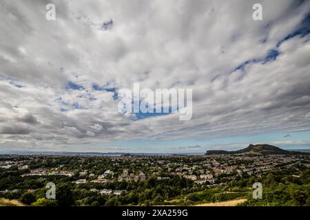 Scattato da una collina panoramica, questo ampio scatto cattura i diversi arazzi dei quartieri di Dublino sotto un vasto cielo pieno di nuvole fluttuanti. Foto Stock