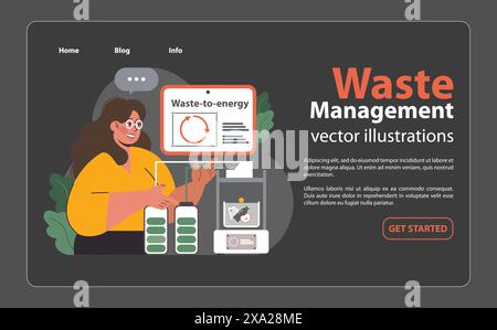 Sprechi per l'innovazione energetica. Donna entusiasta che presenta un moderno dispositivo di conversione, trasformando la spazzatura in potenza. Soluzioni energetiche sostenibili. Illustrazione vettoriale piatta Illustrazione Vettoriale