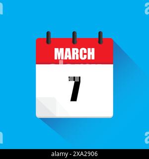 Icona del calendario di marzo. Data 7 evidenziata. Colori rosso e bianco. Illustrazione vettoriale. Illustrazione Vettoriale
