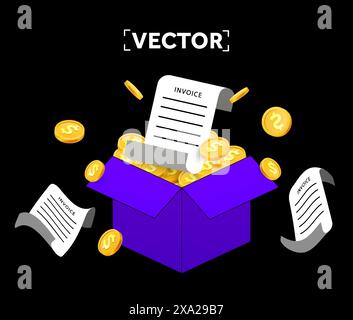 decine di monete d'oro in 3d in una confezione regalo aperta con fatture volanti, isolate su sfondo scuro. Shopping online con regalo e cashback. Illustrazione vettoriale. Illustrazione vettoriale Illustrazione Vettoriale