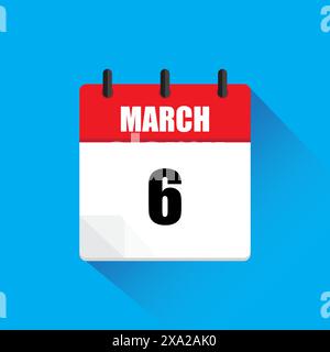 Icona del calendario di marzo. Data 6 evidenziata. Colori rosso e bianco. Illustrazione vettoriale. Illustrazione Vettoriale