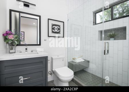 Un bagno compatto con WC, lavandino e doccia in una casa moderna di nuova costruzione a Los Angeles Foto Stock