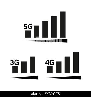 Icone della rete mobile. Barre di segnale 3G, 4G, 5G. Vettore bianco e nero. Set di simboli di connettività. Illustrazione Vettoriale