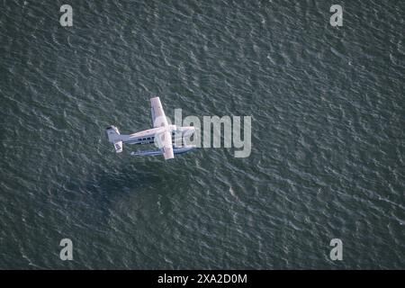 Uno scatto aereo di un idrovolante che decolla dal porto di Boston. Foto Stock