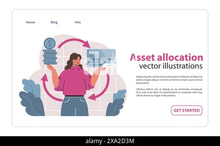 Indipendenza finanziaria, banner Web FIRE o landing page. Una giovane donna alloca il suo budget. Risparmi di denaro e investimenti per il prepensionamento. Alfabetizzazione finanziaria. Illustrazione vettoriale piatta Illustrazione Vettoriale