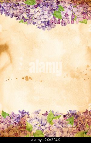 Lillate su carta d'epoca giallita. Illustrazione acquerello. Foglia con centro luminoso e vignetta in stile grunge. Sfondo verticale con molla Foto Stock