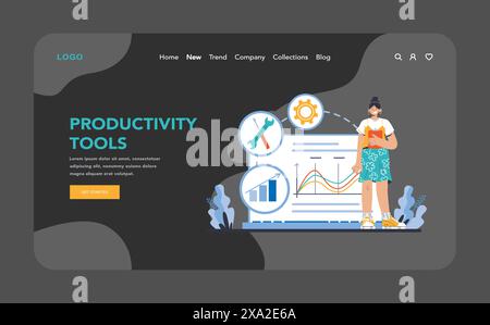 Strumenti di produttività modalità notte o buio Web o landing page. Cablaggio di strumenti analitici per la misurazione delle prestazioni. Miglioramento del flusso di lavoro con strumenti dinamici. Illustrazione vettoriale piatta. Illustrazione Vettoriale