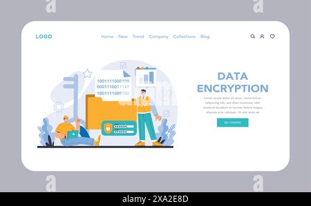 Pagina Web o pagina di destinazione della crittografia dei dati. Presentazione di protocolli di sicurezza all'avanguardia per i dati digitali. Metodi di crittografia avanzati per la protezione delle informazioni. Illustrazione vettoriale piatta. Illustrazione Vettoriale