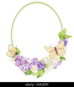 Elegante cornice ovale con lillas e farfalle. Modello con fiori primaverili con spazio per il testo. Biglietto d'auguri per la Festa della mamma, San Valentino. Ill Foto Stock