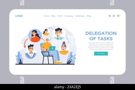 Web o pagina di destinazione della delega delle attività. Ottimizzare le dinamiche del team assegnando le responsabilità. Flusso di lavoro efficiente grazie al carico di lavoro condiviso. Illustrazione vettoriale piatta. Illustrazione Vettoriale