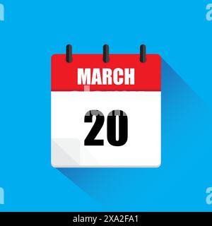 Calendario del 20 marzo. Rosso e bianco. Sfondo blu. Illustrazione vettoriale. Illustrazione Vettoriale