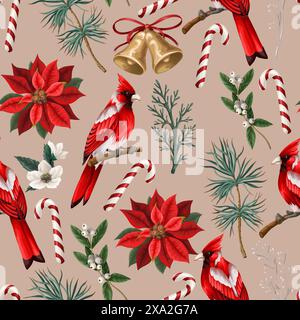 Motivo senza cuciture con elementi natalizi come abete, uccelli rossi, poinsettia . Vettore. Illustrazione Vettoriale