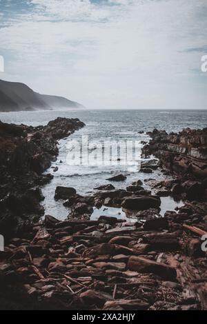 Questa accattivante immagine cattura l'aspra costa rocciosa e le onde che si infrangono sulla costa sudafricana. Perfetto per gli amanti della natura e del mare, Foto Stock