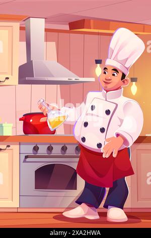 Chef maschile che cucina in cucina casalinga. Illustrazione vettoriale di un giovane uomo in uniforme bianca che regge una bottiglia di olio in vetro, una pentola che ebollisce sul fornello, un cuoco professionista che lavora al ristorante, prepara il pasto Illustrazione Vettoriale