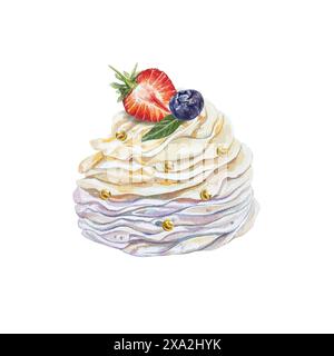 Torta di meringa con panna, fragole, mirtilli. Illustrazione ad acquerello disegnata a mano isolata su sfondo bianco. Biglietti di compleanno, inviti, Ban Foto Stock