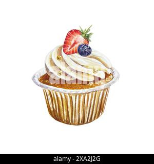 Muffin con fragole e mirtilli. Illustrazione ad acquerello disegnata a mano di un cupcake isolato su uno sfondo bianco. Biglietti di compleanno, inviti, Foto Stock