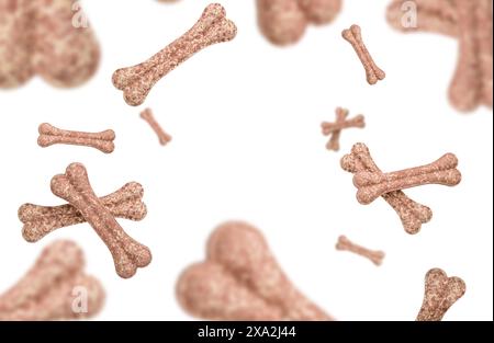 Ossa proteiche volanti e cadenti per cani, ossa di rawhide, biscotti per cani su sfondo bianco con spazio di copia. Foto Stock