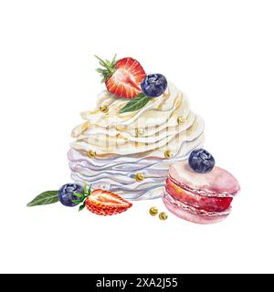 Torta di meringa con panna, fragole e mirtilli, macaron. Illustrazione ad acquerello disegnata a mano isolata su sfondo bianco. Biglietti di compleanno, invi Foto Stock