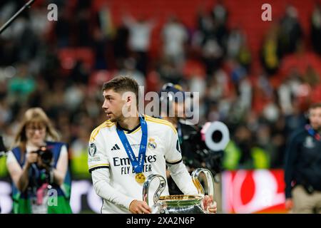 Londra, Regno Unito. 1 giugno 2024. Fede Valverde (Real Madrid) durante la finale di Champions League 2024 (2:0) tra Borussia Dortmund e Real Madrid. Punteggio finale: Borussia Dortmund 0 - 2 Real Madrid crediti: SOPA Images Limited/Alamy Live News Foto Stock