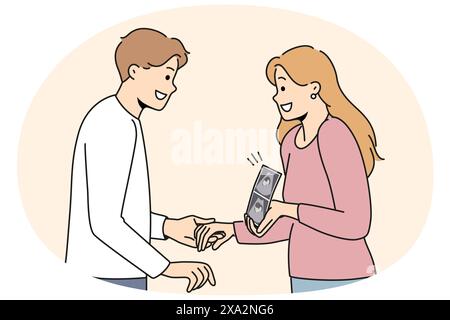 Donna incinta con ecografia e bambino che mostra il futuro bambino a un padre felice. Una coppia positiva di uomini e ragazze che si preparano a diventare genitori e si tengono per mano dopo essere andati dal medico Illustrazione Vettoriale