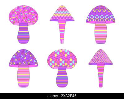 Set di icone a funghi con motivo geometrico isolato su sfondo bianco. Funghi di forme diverse con un contorno nero. Funghi in un geometri Illustrazione Vettoriale