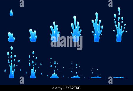 Animazione del foglio di sprite per spruzzi d'acqua per effetto FX di gocce di spruzzi di fontana, vettore di cartoni animati. Getto d'acqua movimento sprite struttura in lamiera di effetto FX 2D di gocce o gocce cadute in spruzzi di pozzetto Illustrazione Vettoriale