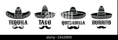 Sombrero messicano. Segni di burrito e taco, quesadilla e tequila. Silhouette nere vettoriali isolate dei tradizionali copricapi latini con baffi e nomi tipografici creativi dei pasti tex mex nazionali Illustrazione Vettoriale