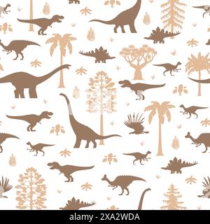 Dinosauri preistorici, modello senza cuciture. Sfondo con piastrelle vettoriali con una varietà di sagome Dino, piante e alberi antichi, in morbide tonalità di terra per carta da parati, tessuti e carta da imballaggio Illustrazione Vettoriale