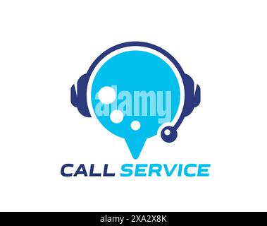 Icona del call center del servizio di assistenza clienti. Telefono della linea telefonica diretta o simbolo del vettore del servizio di assistenza clienti con cuffia per telefono. Bolla blu di chat online con cuffie e microfono Illustrazione Vettoriale