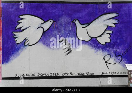Rosemarie Schinzler, Doves of Peace on a Remnant of the Berlin Wall, Painting by Rosemarie Schinzler, East Side Gallery, Graffiti on the Berlin Wall Foto Stock