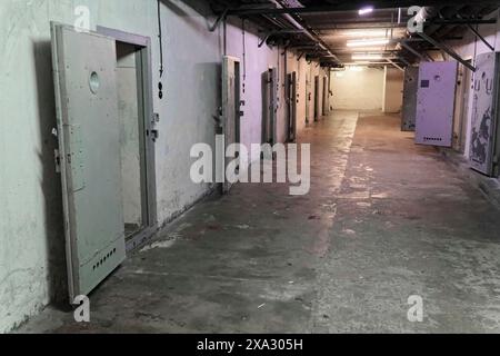 Lungo corridoio carcerario con diverse porte di celle metalliche aperte. Atmosfera cupa e deserta, Berlin-Hohenschoenhausen Memorial, ex quartier generale Foto Stock