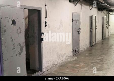 Corridoio della prigione con diverse robuste porte cellulari in metallo e interruttori di illuminazione. Atmosfera cupa e deserta, memoriale Berlin-Hohenschoenhausen, ex Foto Stock