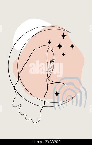 Scheda o poster con un'unica linea di disegno del volto femminile e delle forme astratte Illustrazione Vettoriale