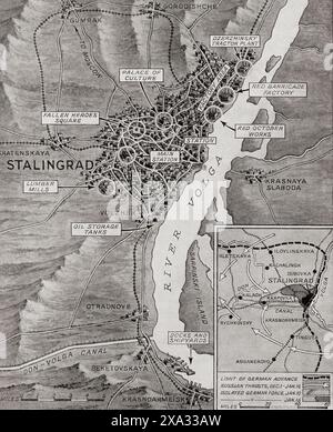 Mappa di Stalingrado che mostra l'avanzata nemica più lontana in città prima del contrattacco dell'Armata Rossa, il 19 novembre 1942. Da The War in Pictures, quarto anno. Foto Stock