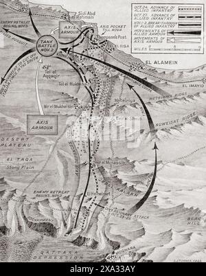 L'ottava armata colpisce. Mappa che mostra le fasi principali della seconda battaglia di El Alamein, 23 ottobre - 3 novembre 1942. Da The War in Pictures, quarto anno. Foto Stock