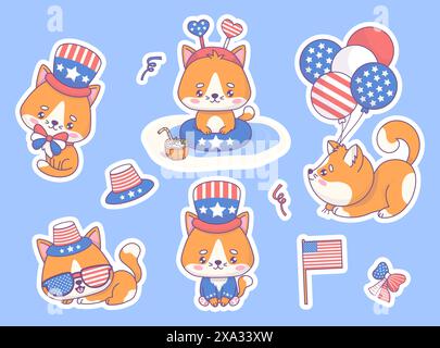 Adesivi per il giorno dell'indipendenza. Simpatici gatti patriottici vestiti con abiti e accessori per feste nei colori della bandiera americana. Cartoni animati di vacanza isolati e divertenti Illustrazione Vettoriale