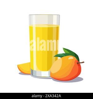 Bicchiere pieno di succo di mango giallo spremuto fresco e sano isolato su sfondo bianco. Illustrazione vettoriale in stile piatto con bevanda tropicale. Somma Illustrazione Vettoriale