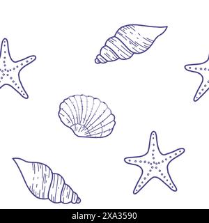 Under the Sea Drawn Seamless Pattern with Starfish and Seashells. Illustrazione vettoriale, grafica con linee blu isolata su sfondo bianco. Per il tessuto Illustrazione Vettoriale