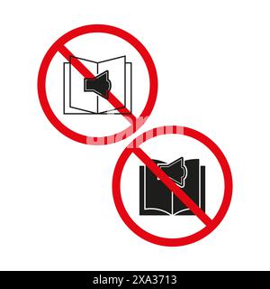 Icona audio assente. Libro e altoparlante. Cartello di divieto rosso. Illustrazione vettoriale. Illustrazione Vettoriale