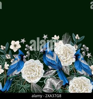 Confine con elementi natalizi come abete, uccelli rossi, fiori. Vettore. Illustrazione Vettoriale