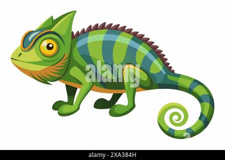 Camaleonte colorato isolato su sfondo bianco. Concetto di illustrazione di animali selvatici, stile minimalista, simpatica lucertola. Perfetto per la stampa, l'arte, l'icona, d Illustrazione Vettoriale